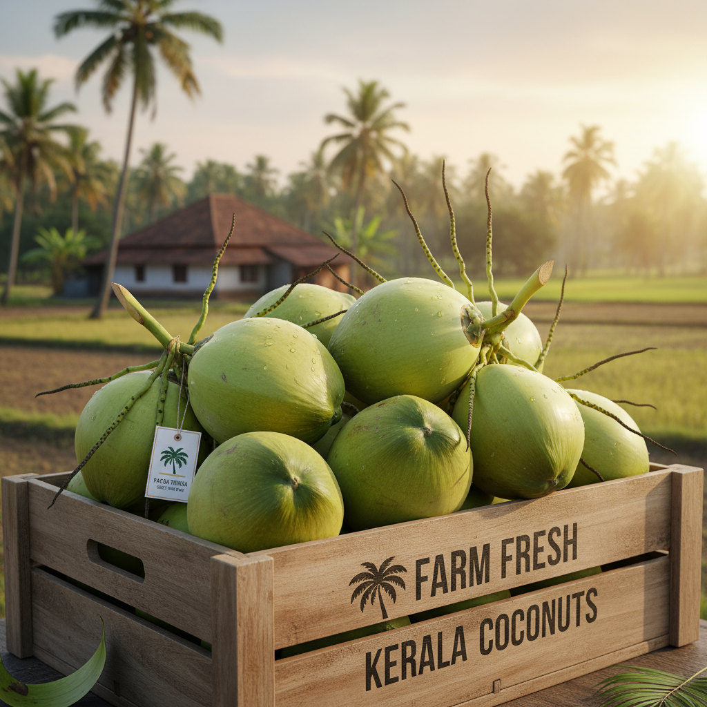 Fresh green coconuts in a crate