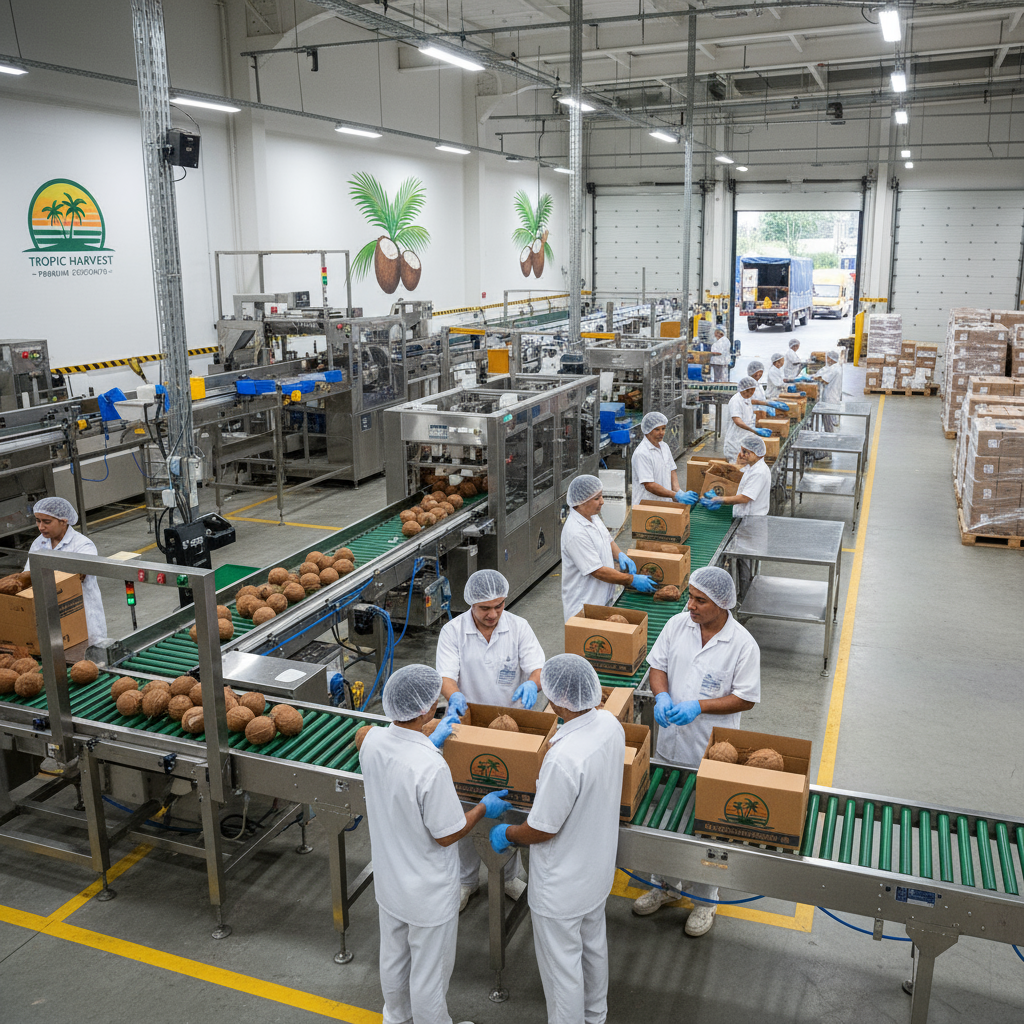 Packing fresh coconuts at the facility